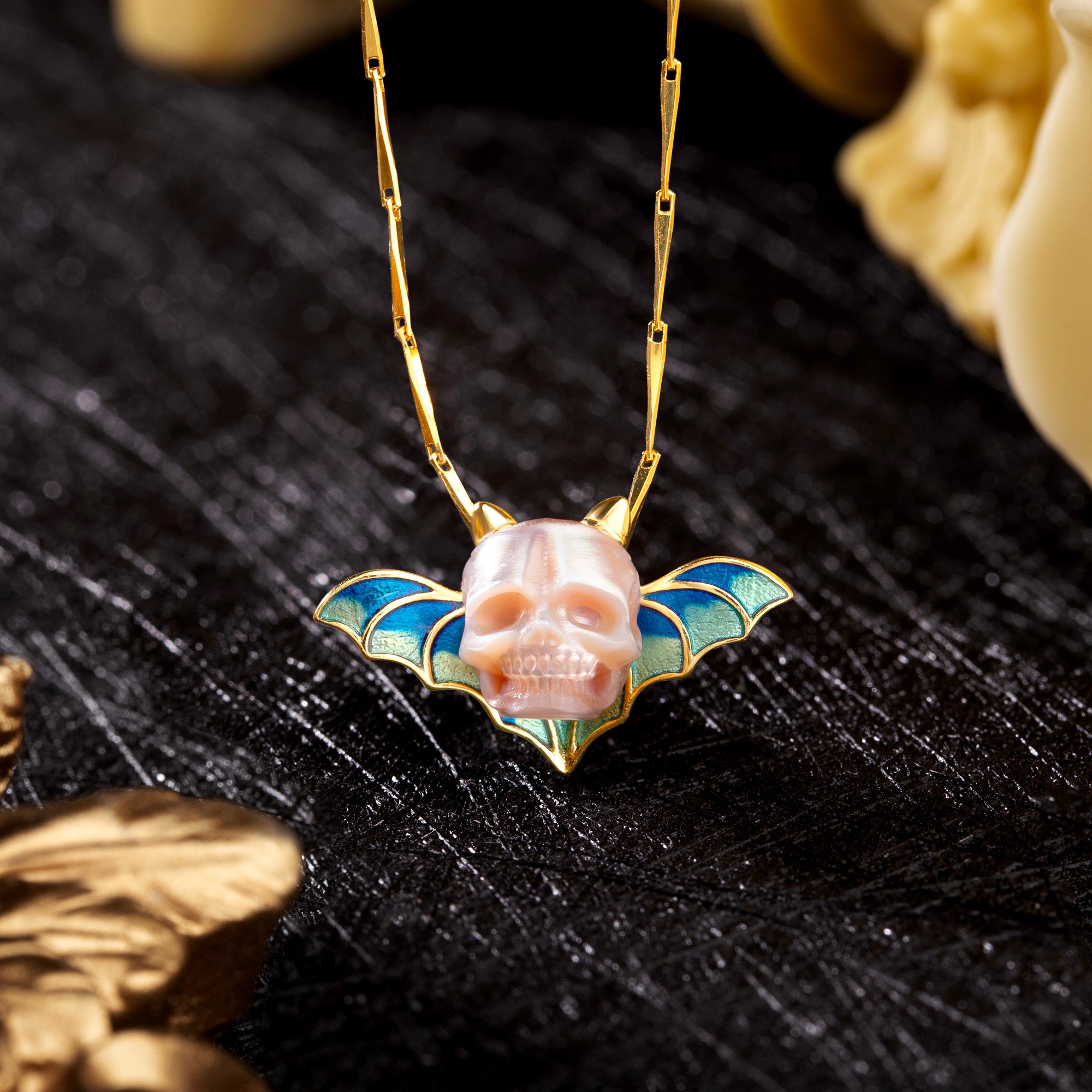 Devil Horn Bat Pearl Skull Necklace