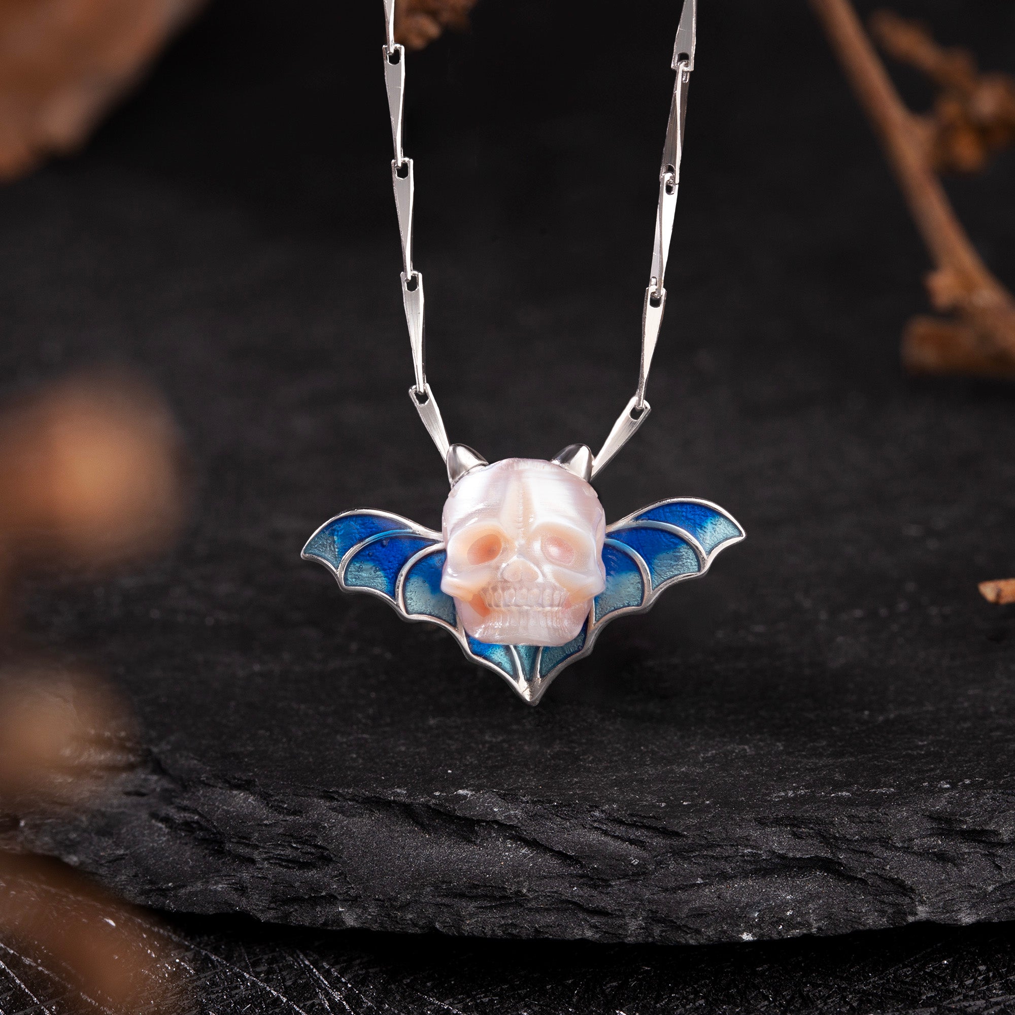 Devil Horn Bat Pearl Skull Necklace