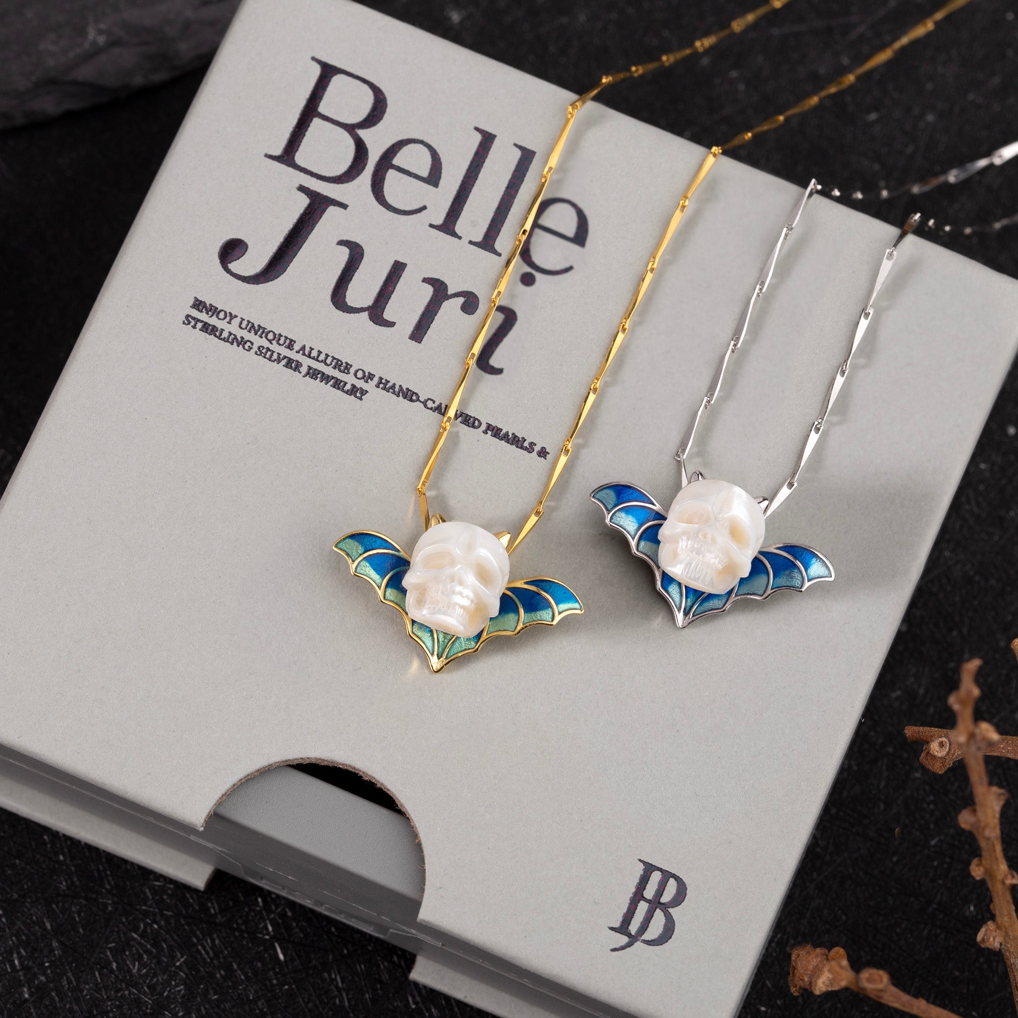 Devil Horn Bat Pearl Skull Necklace