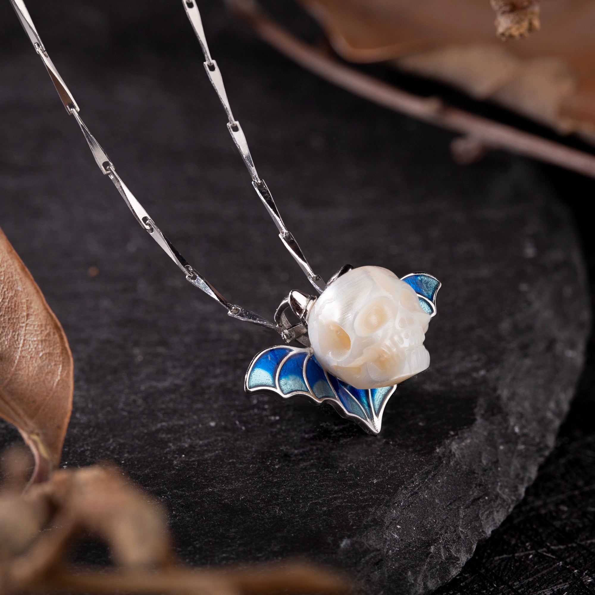 Devil Horn Bat Pearl Skull Necklace