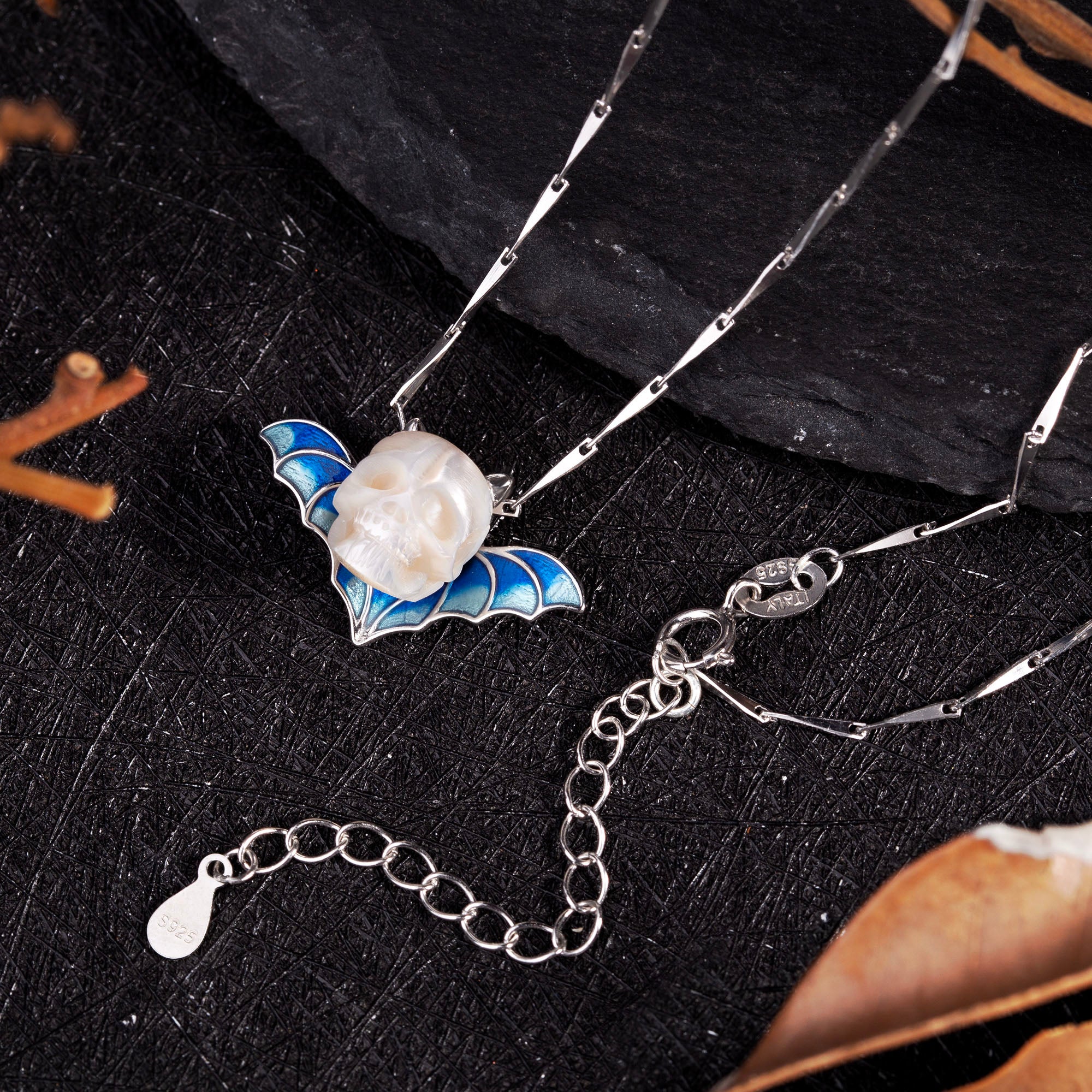 Devil Horn Bat Pearl Skull Necklace