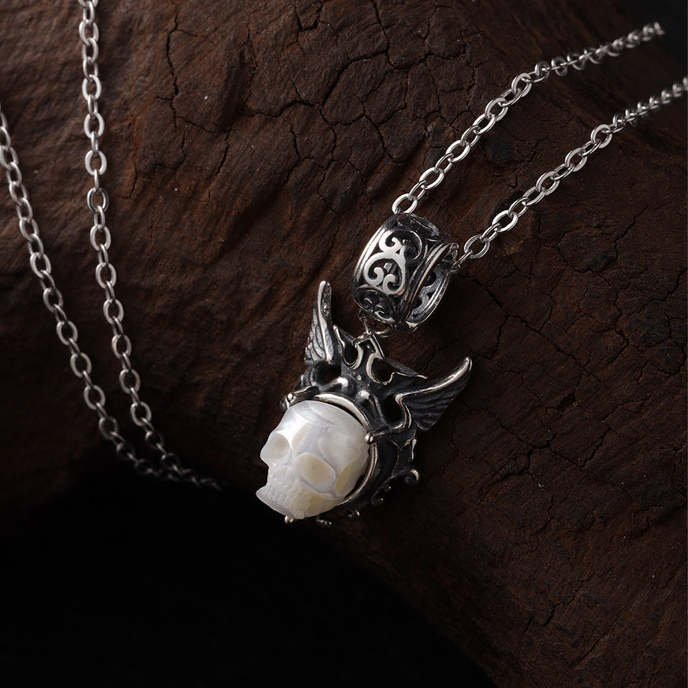 Devil's Wing Pearl Skull Pendant Necklace