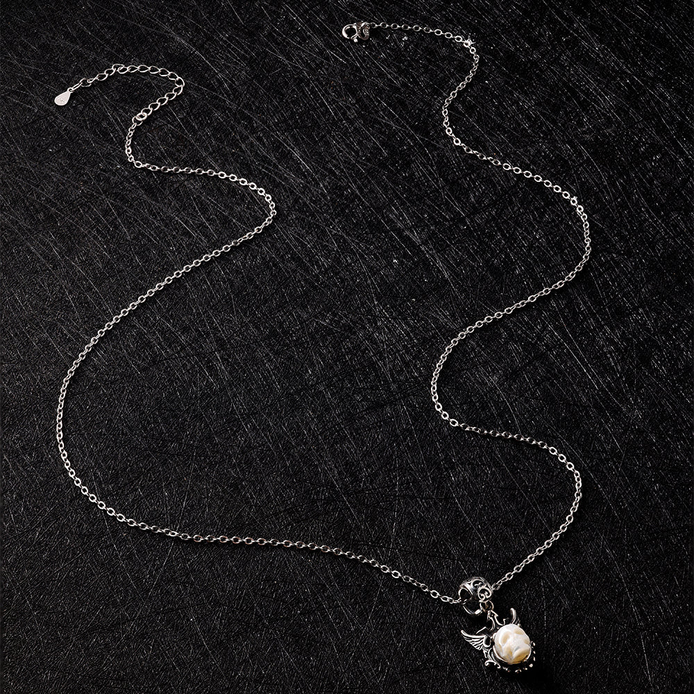 Devil's Wing Pearl Skull Pendant Necklace