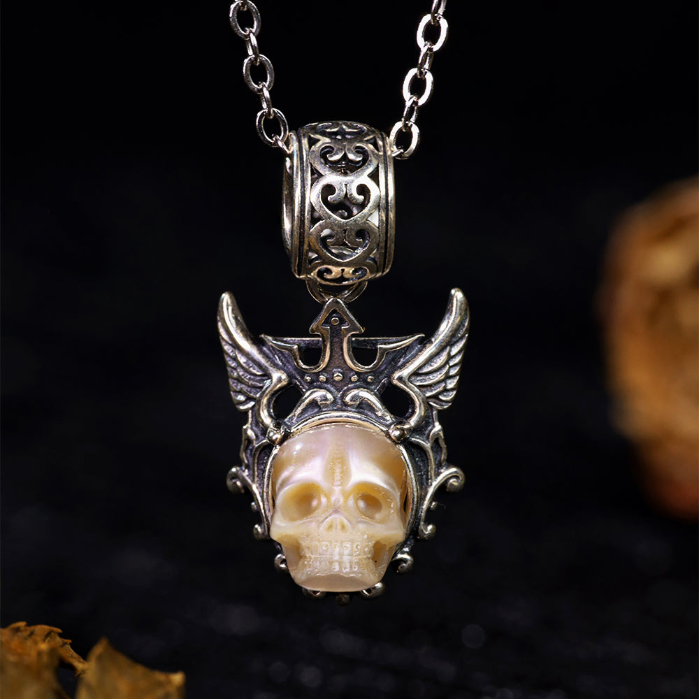 Devil's Wing Pearl Skull Pendant Necklace