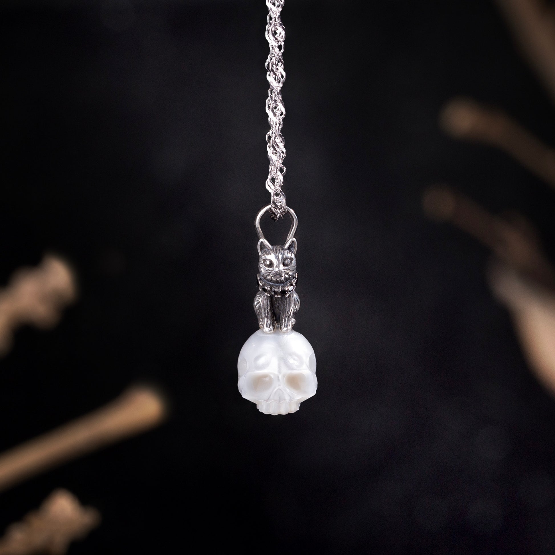Distressed Celestial Cat Pearl Skull Necklace
