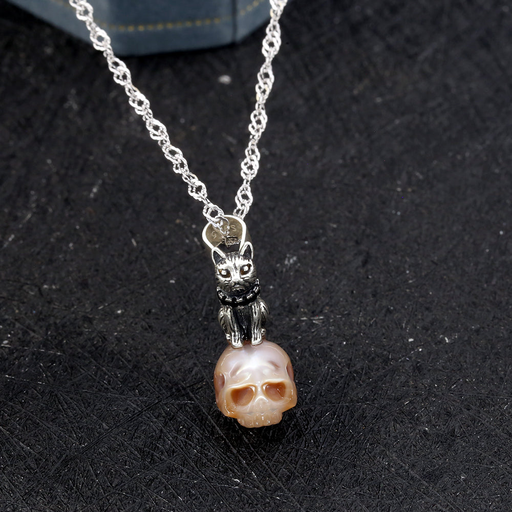 Distressed Celestial Cat Pearl Skull Necklace