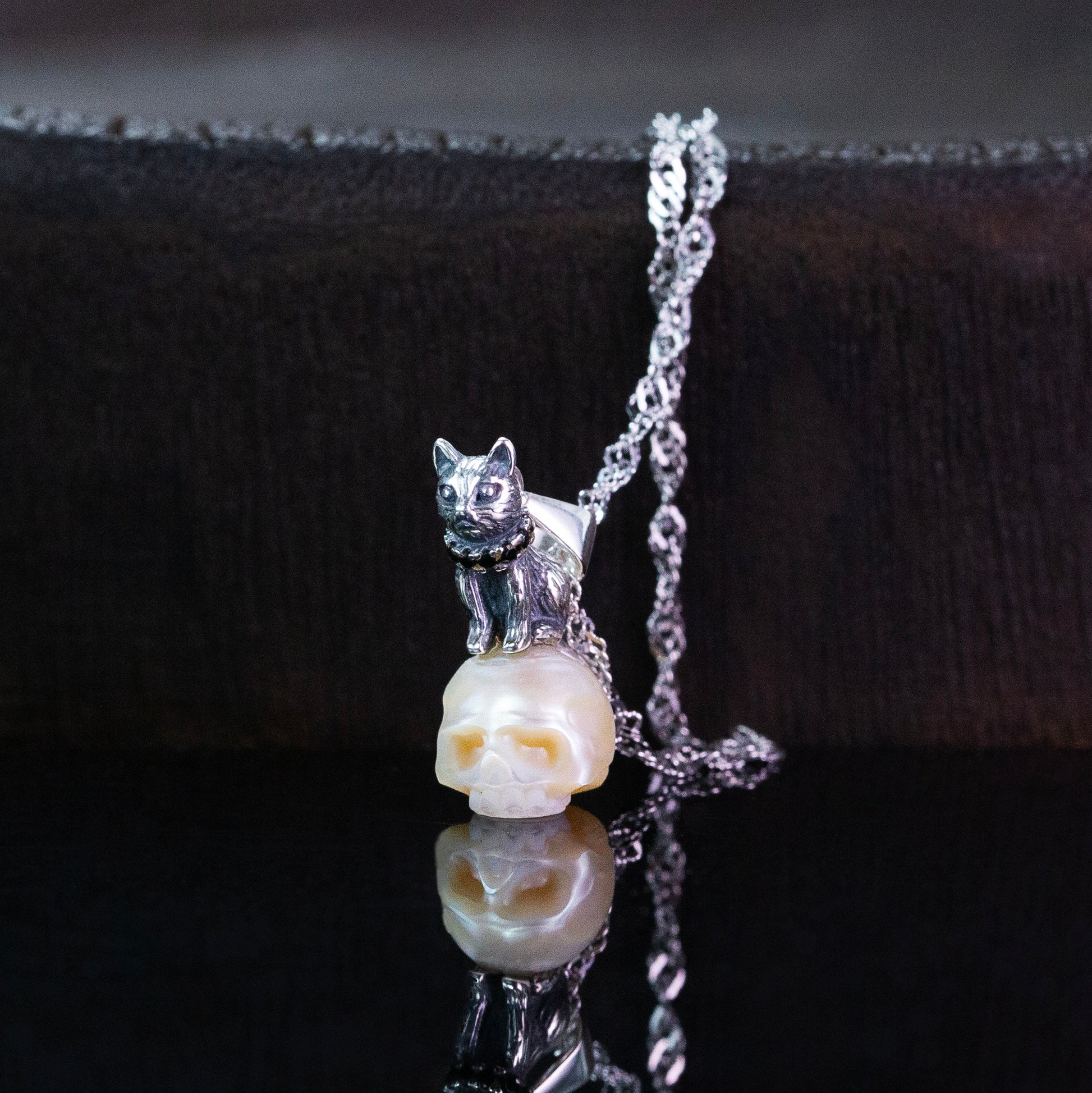 Distressed Celestial Cat Pearl Skull Necklace