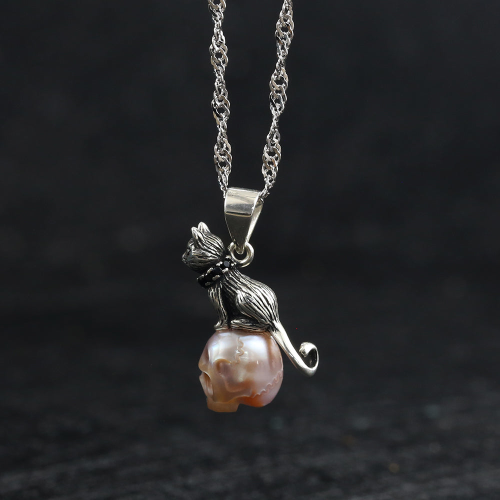 Distressed Celestial Cat Pearl Skull Necklace