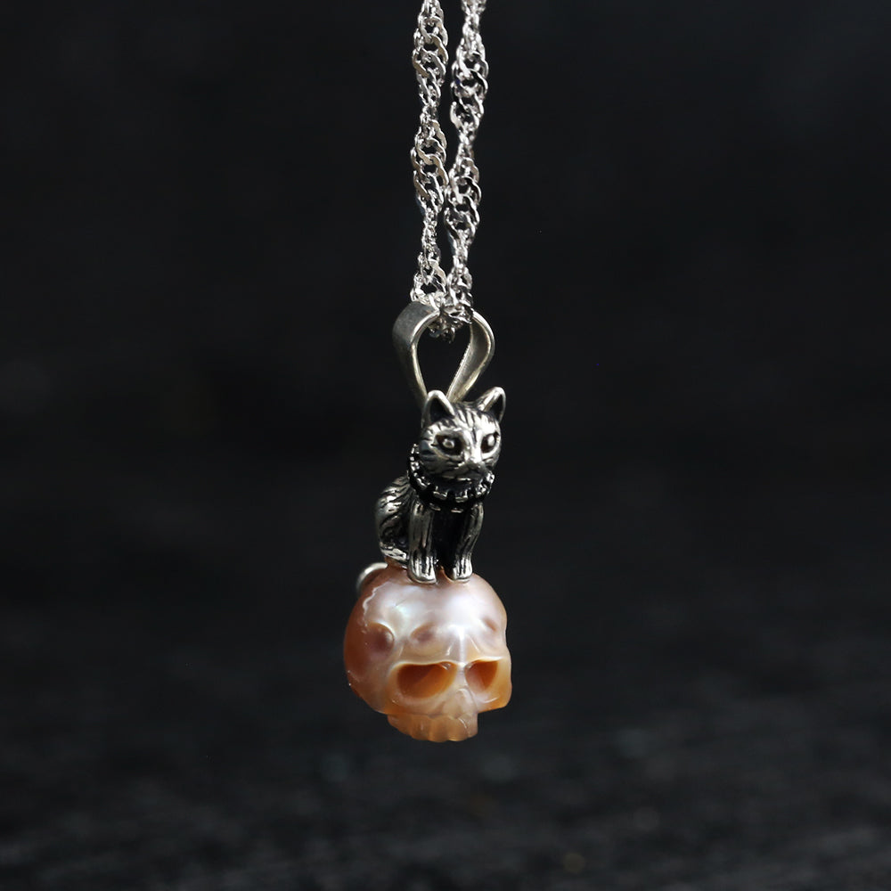 Distressed Celestial Cat Pearl Skull Necklace