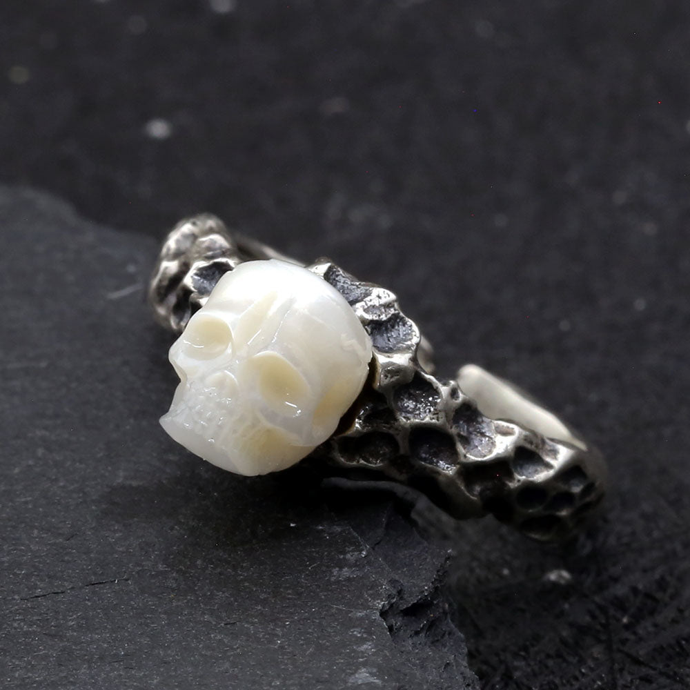 Distressed Crater Texture Pearl Skull Ring