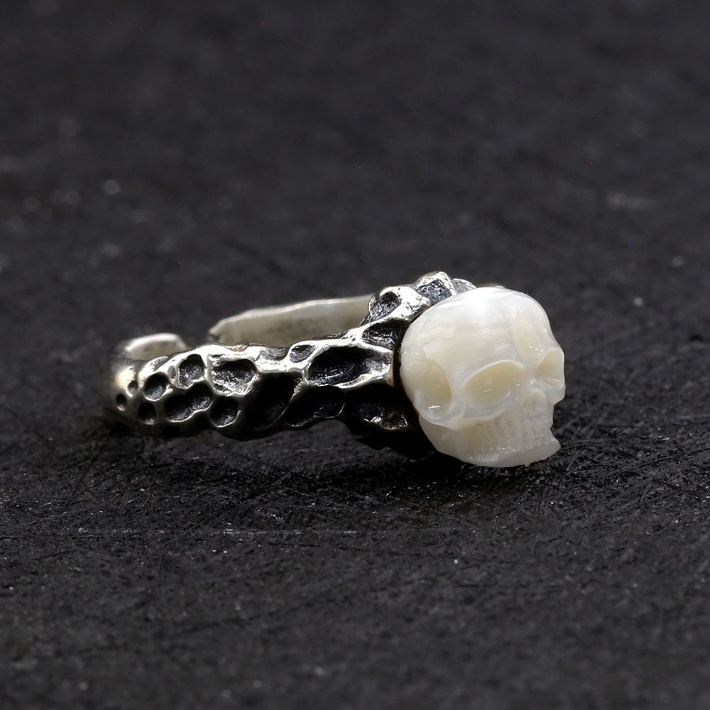 Distressed Crater Texture Pearl Skull Ring