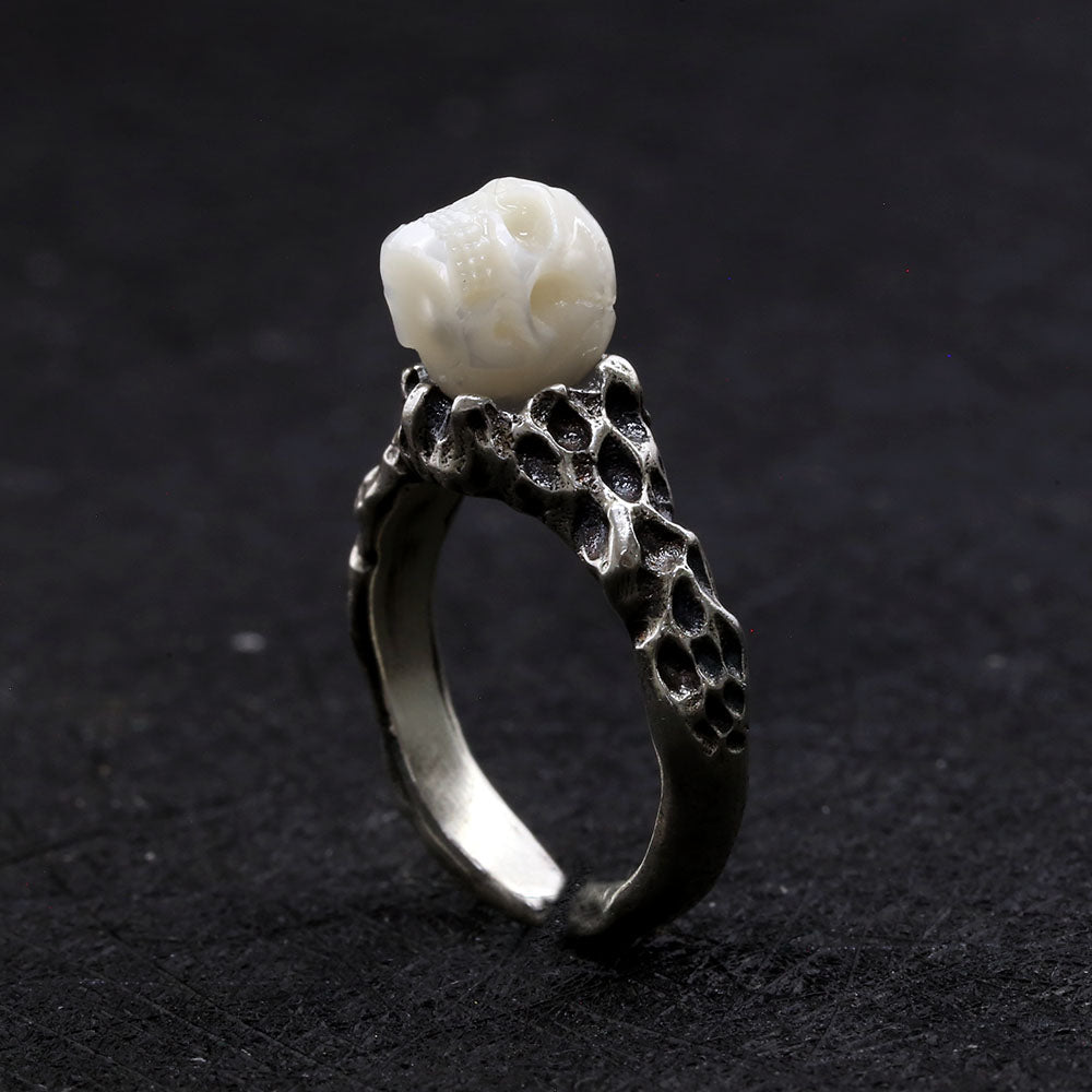 Distressed Crater Texture Pearl Skull Ring