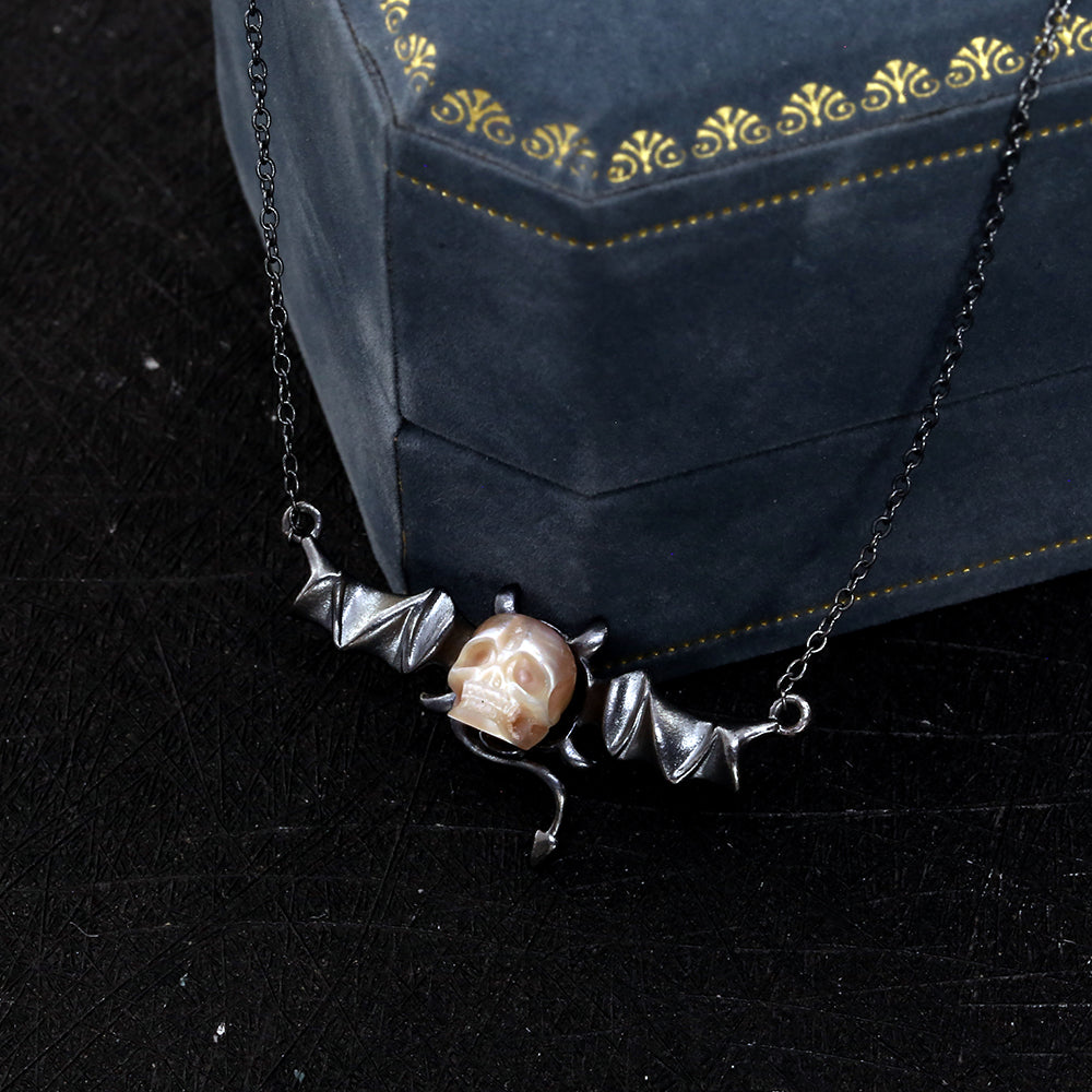 Distressed Dark Devil Pearl Skull Necklace