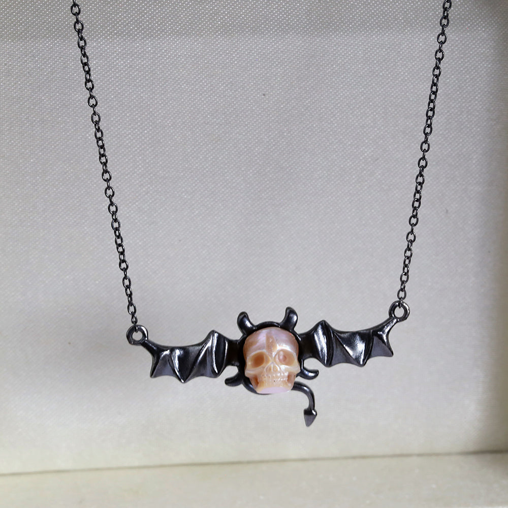 Distressed Dark Devil Pearl Skull Necklace