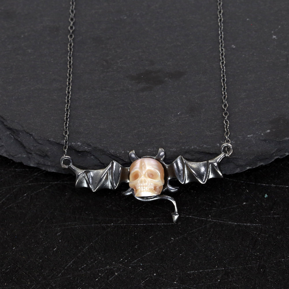 Distressed Dark Devil Pearl Skull Necklace