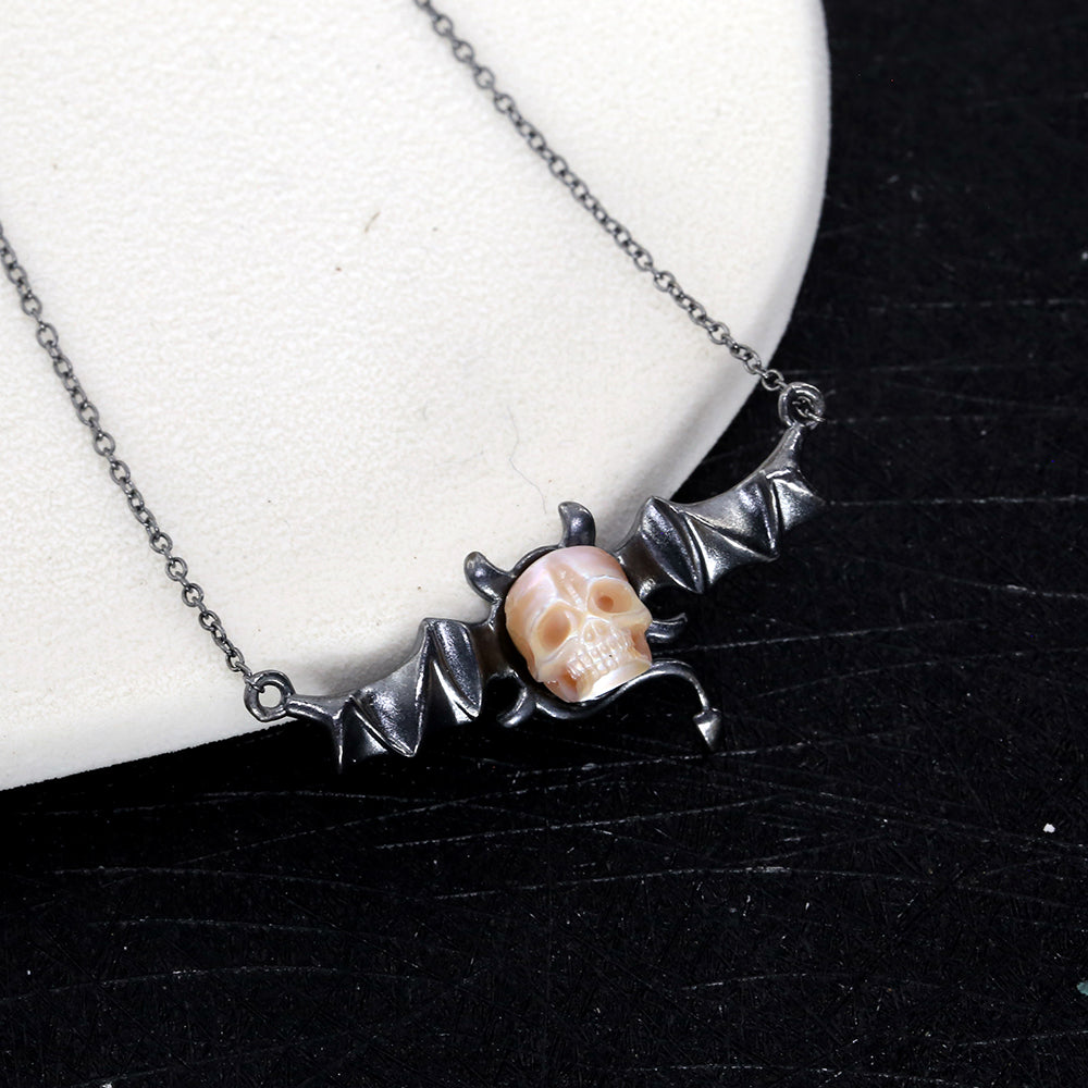 Distressed Dark Devil Pearl Skull Necklace