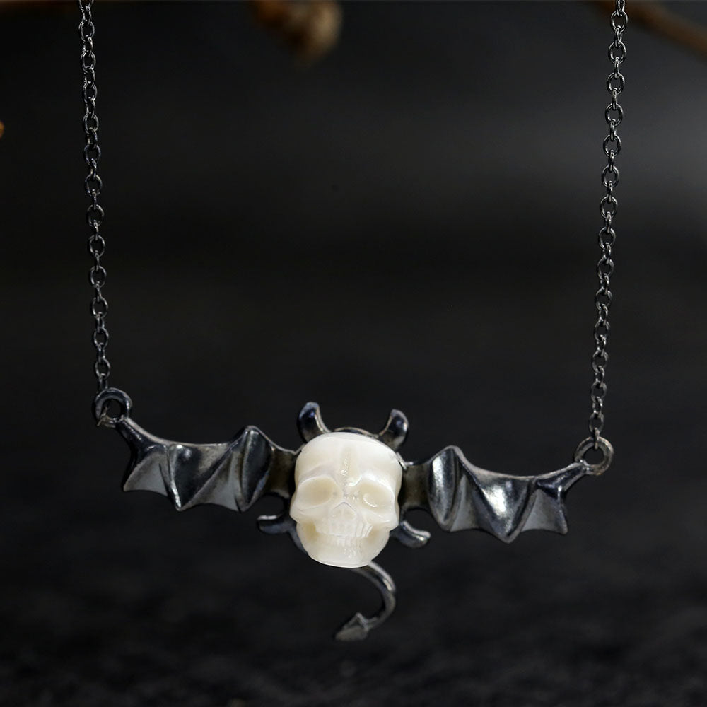 Distressed Dark Devil Pearl Skull Necklace