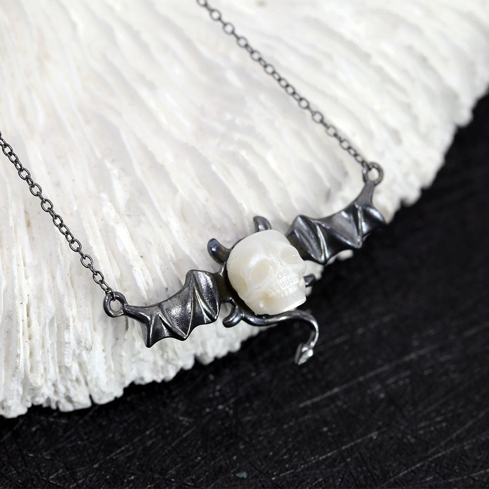 Distressed Dark Devil Pearl Skull Necklace