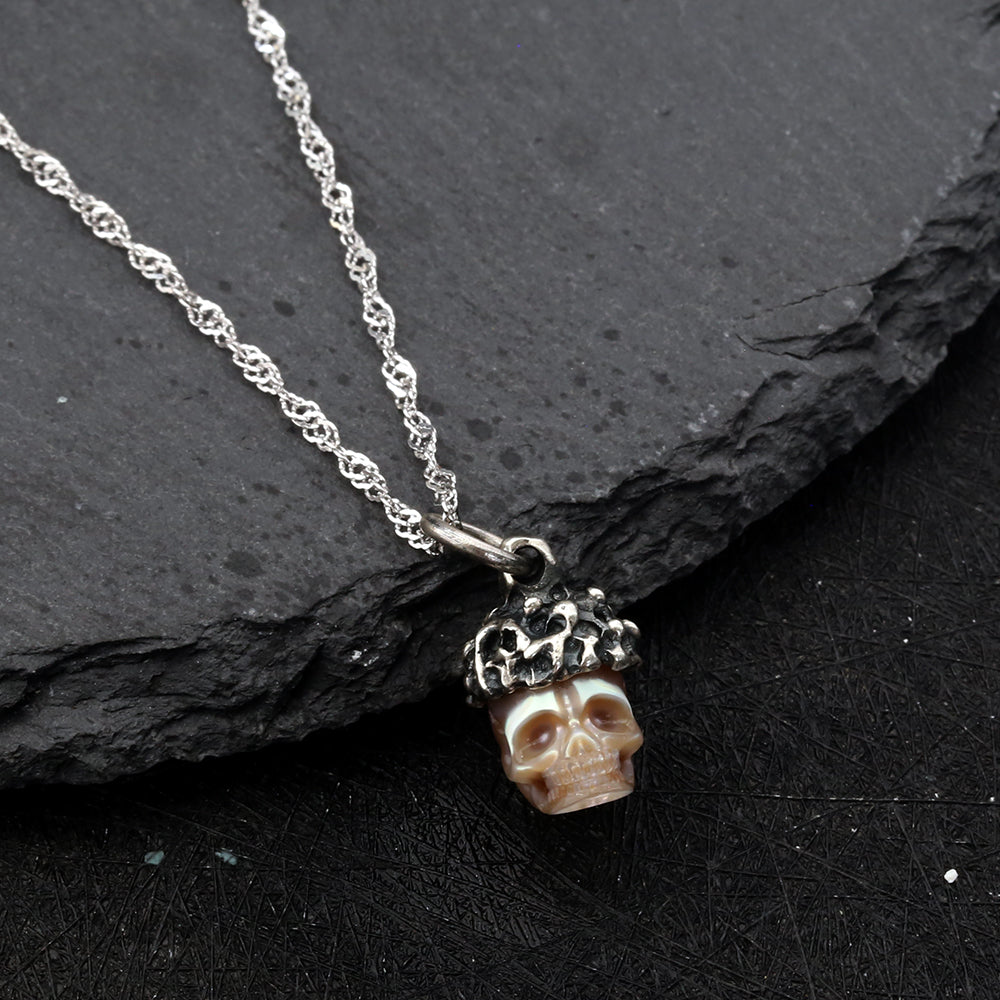 Distressed Meteor Crater Pearl Skull Necklace