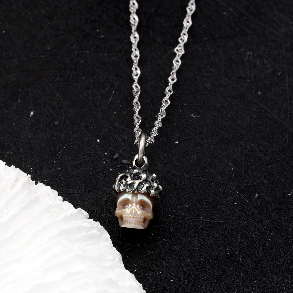 Distressed Meteor Crater Pearl Skull Necklace