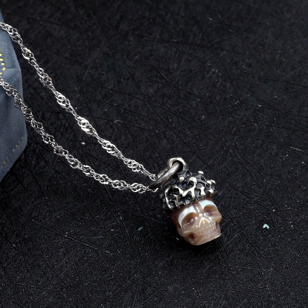 Distressed Meteor Crater Pearl Skull Necklace