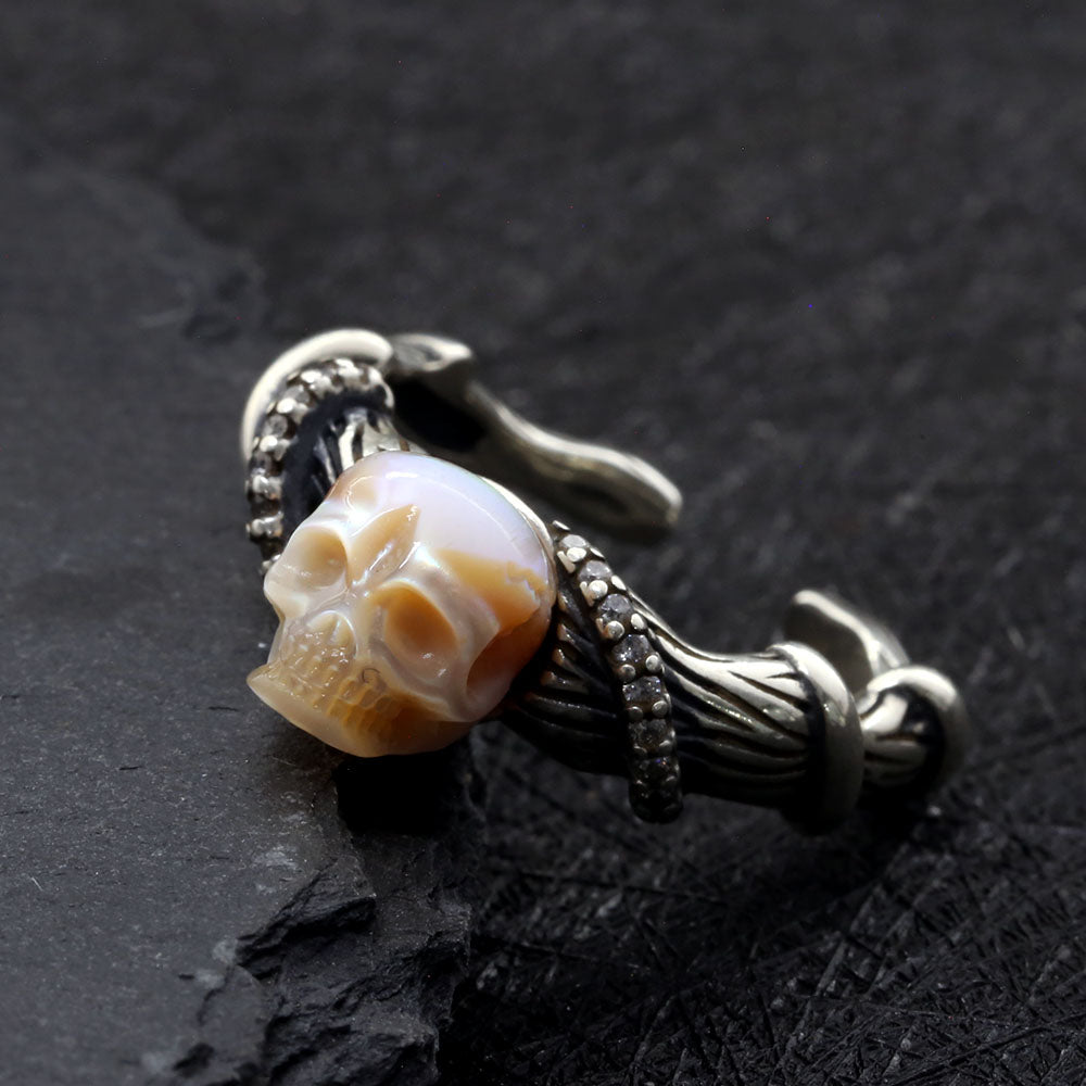 Distressed Vine-Wrapped Pearl Skull Ring