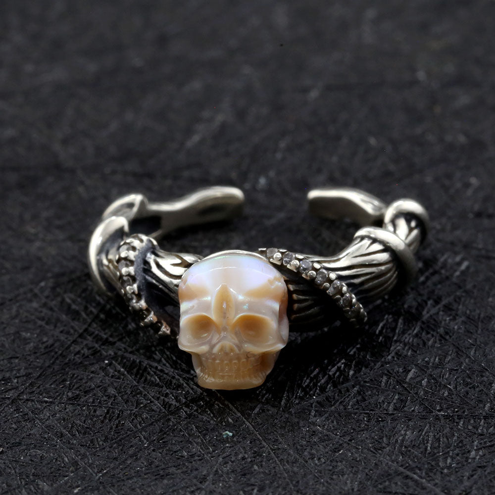 Distressed Vine-Wrapped Pearl Skull Ring