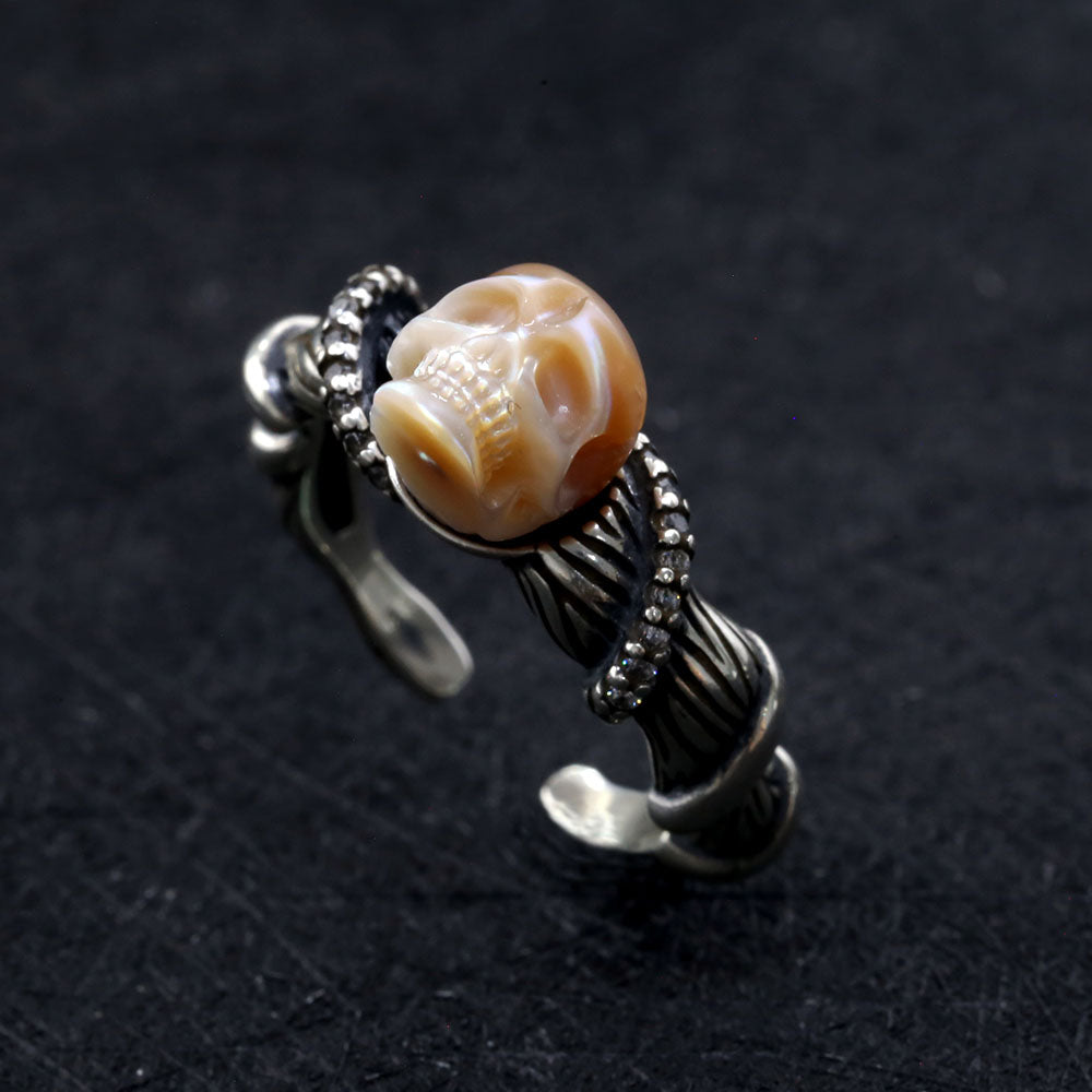 Distressed Vine-Wrapped Pearl Skull Ring