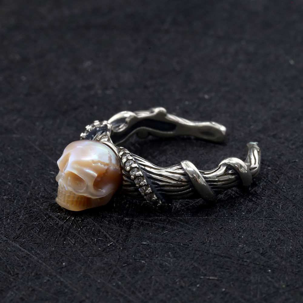 Distressed Vine-Wrapped Pearl Skull Ring