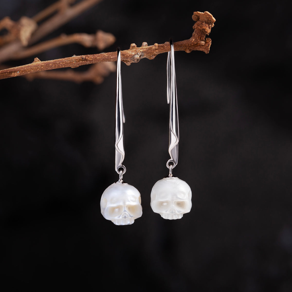 Minimalist Pearl Cranium Hook Earrings