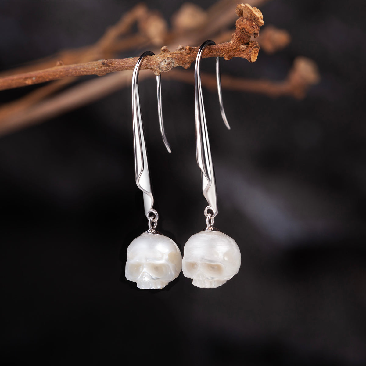 Minimalist Pearl Cranium Hook Earrings