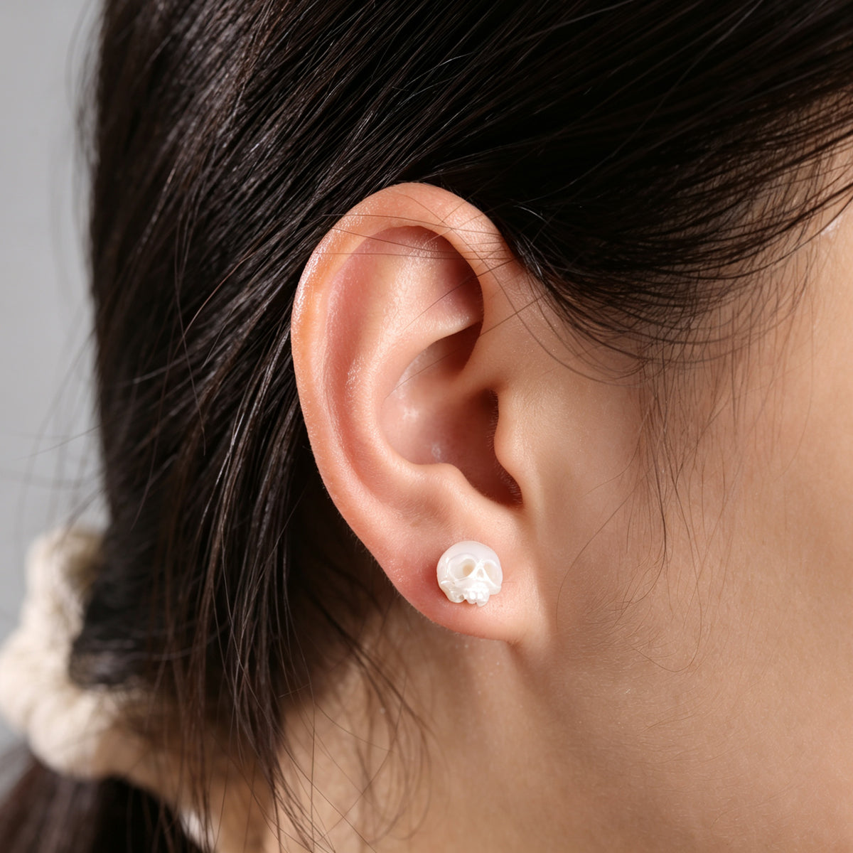 Gothic Mystery Minimalist Cranium Pearl Stud Earrings-White