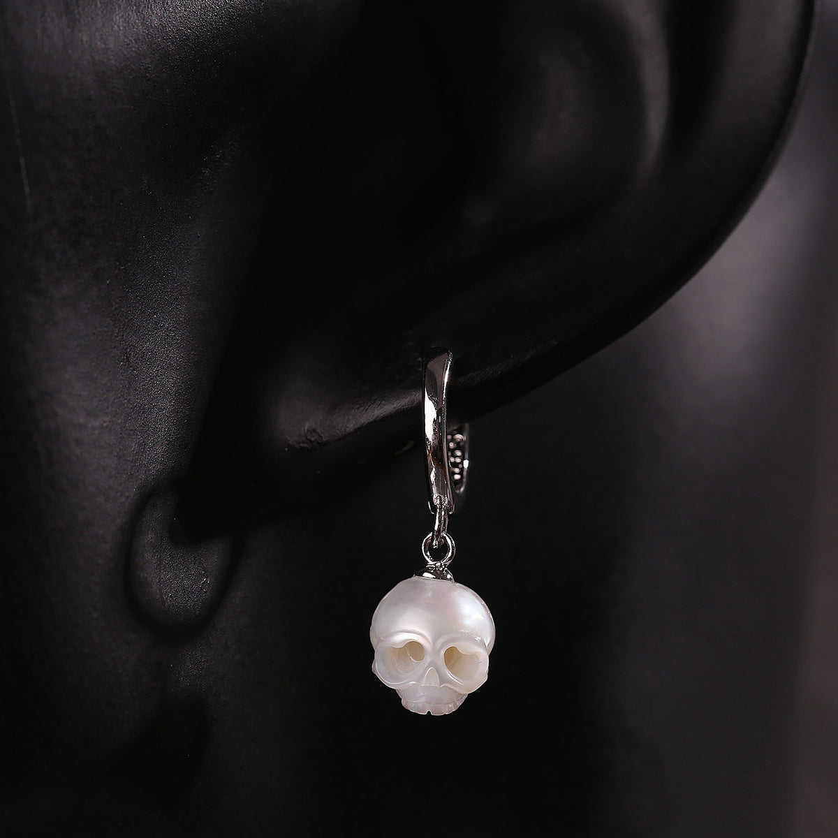 Classic Cranium Pearl Drop Huggie Hoop Earrings-White
