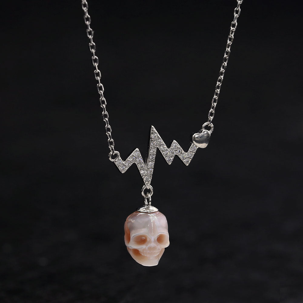 ECG Rhythm of Life CZ Pearl Skull Necklace