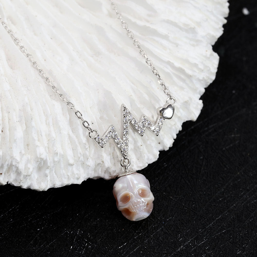 ECG Rhythm of Life CZ Pearl Skull Necklace