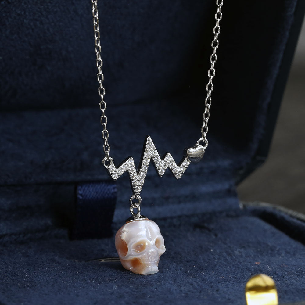 ECG Rhythm of Life CZ Pearl Skull Necklace