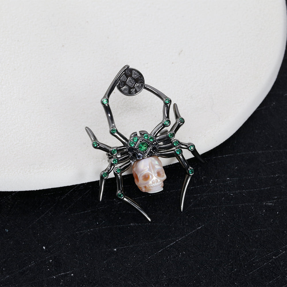 Emerald Black Spider Pearl Skull Brooch