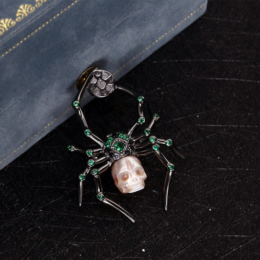 Emerald Black Spider Pearl Skull Brooch