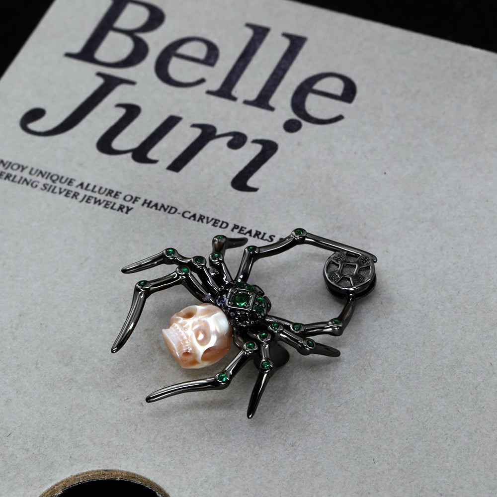 Emerald Black Spider Pearl Skull Brooch