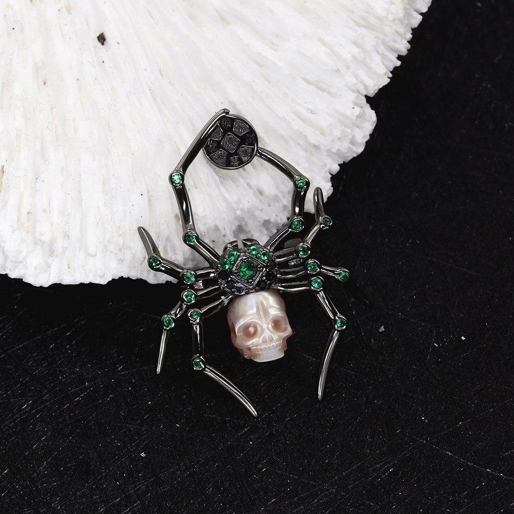 Emerald Black Spider Pearl Skull Brooch