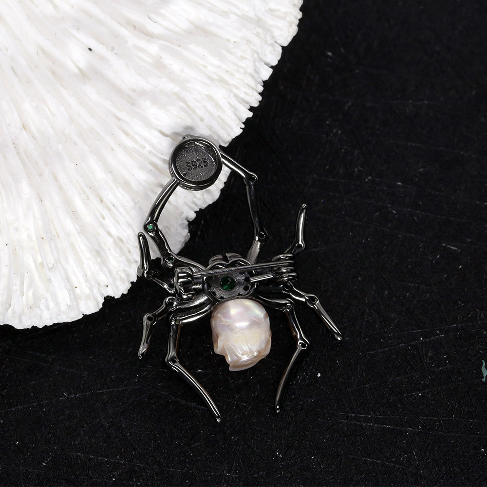 Emerald Black Spider Pearl Skull Brooch