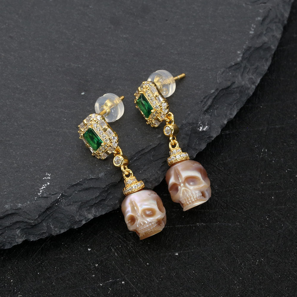 Emerald CZ Halo Pearl Skull Dangle Earrings