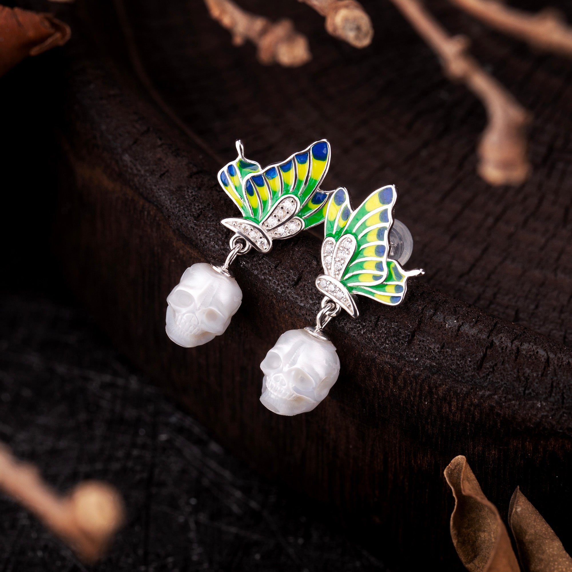 Enamel Butterfly Wing Pearl Skull Dangle Earrings