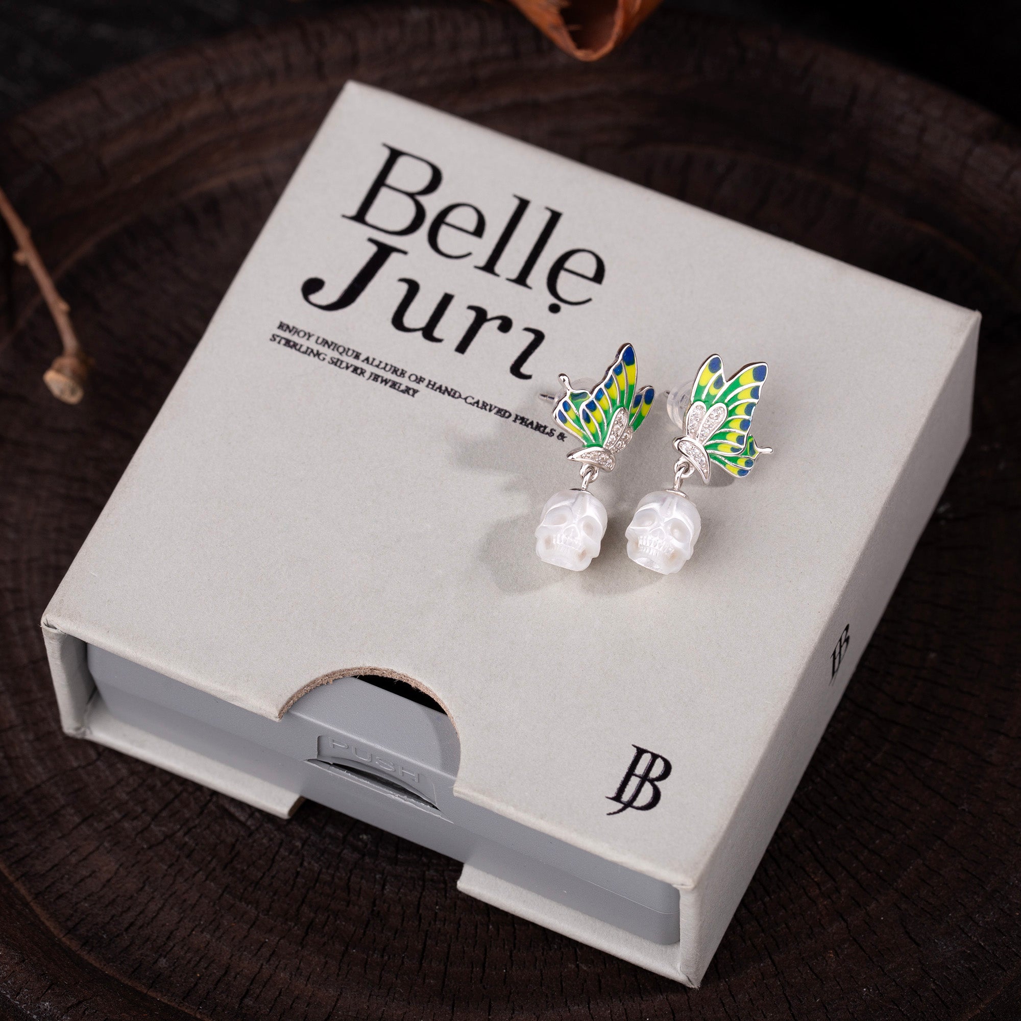 Enamel Butterfly Wing Pearl Skull Dangle Earrings