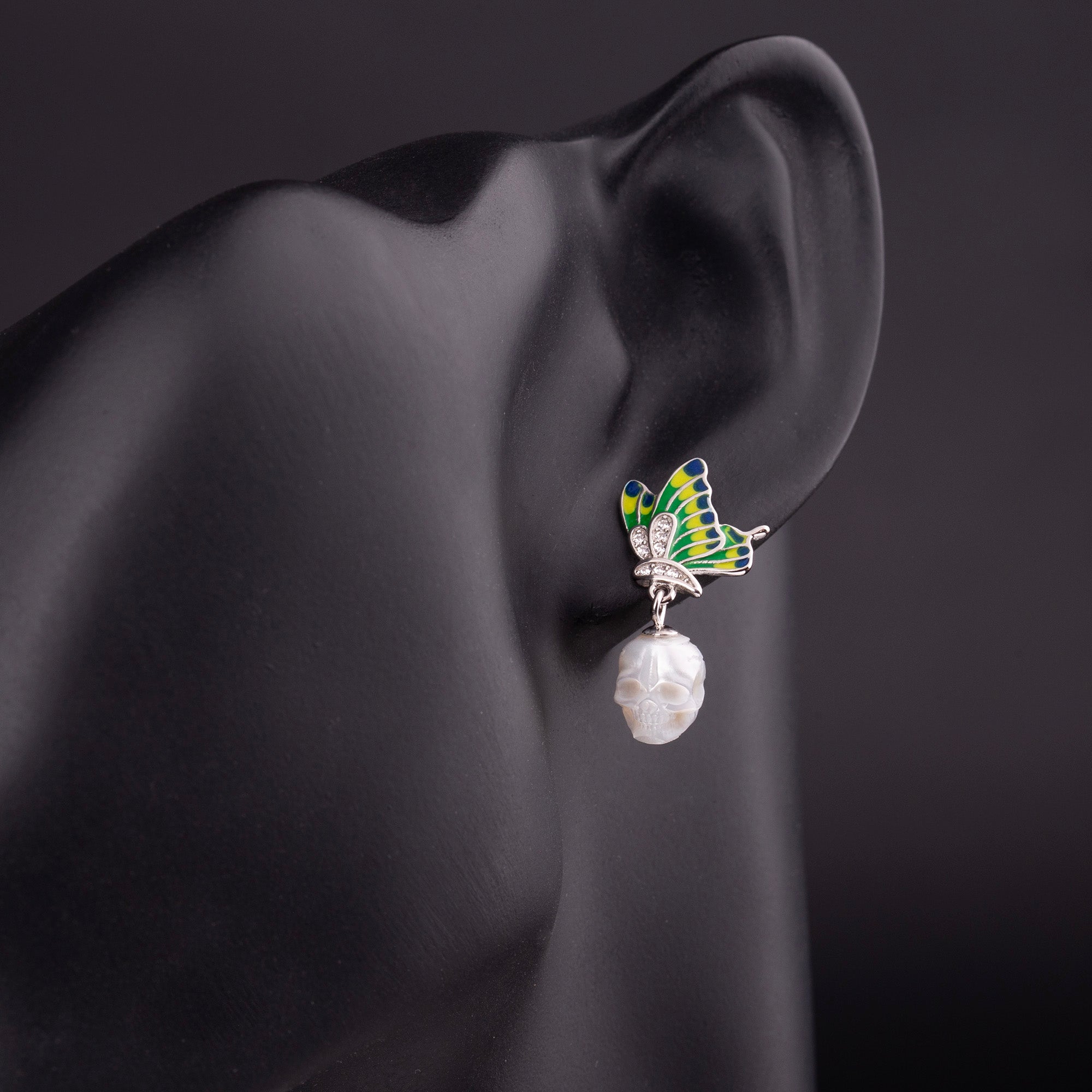 Enamel Butterfly Wing Pearl Skull Dangle Earrings