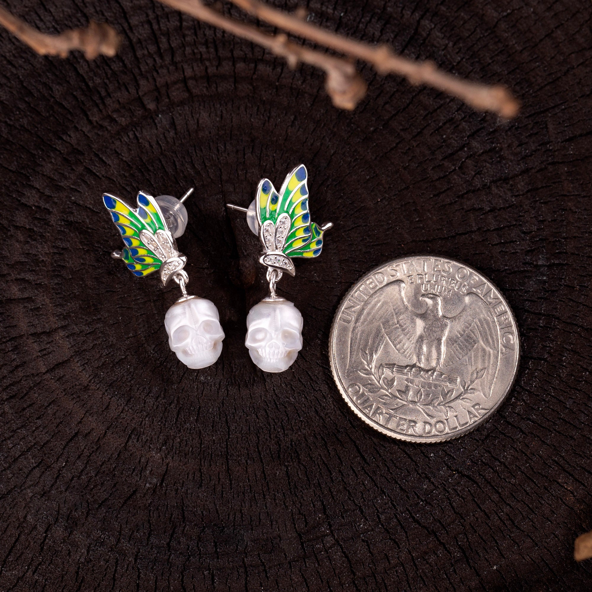 Enamel Butterfly Wing Pearl Skull Dangle Earrings