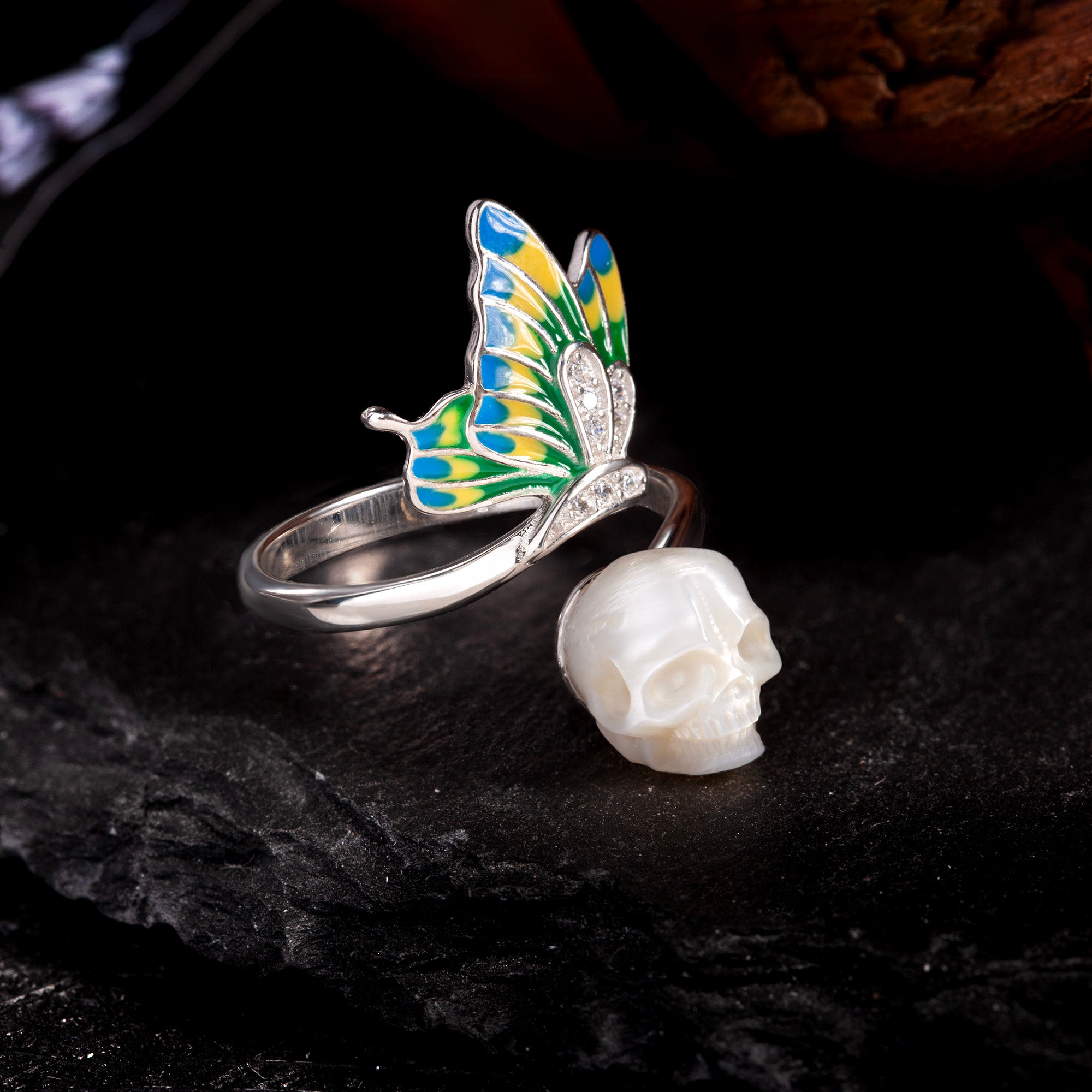 Enamel Colored Butterfly Wing Pearl Skull Ring