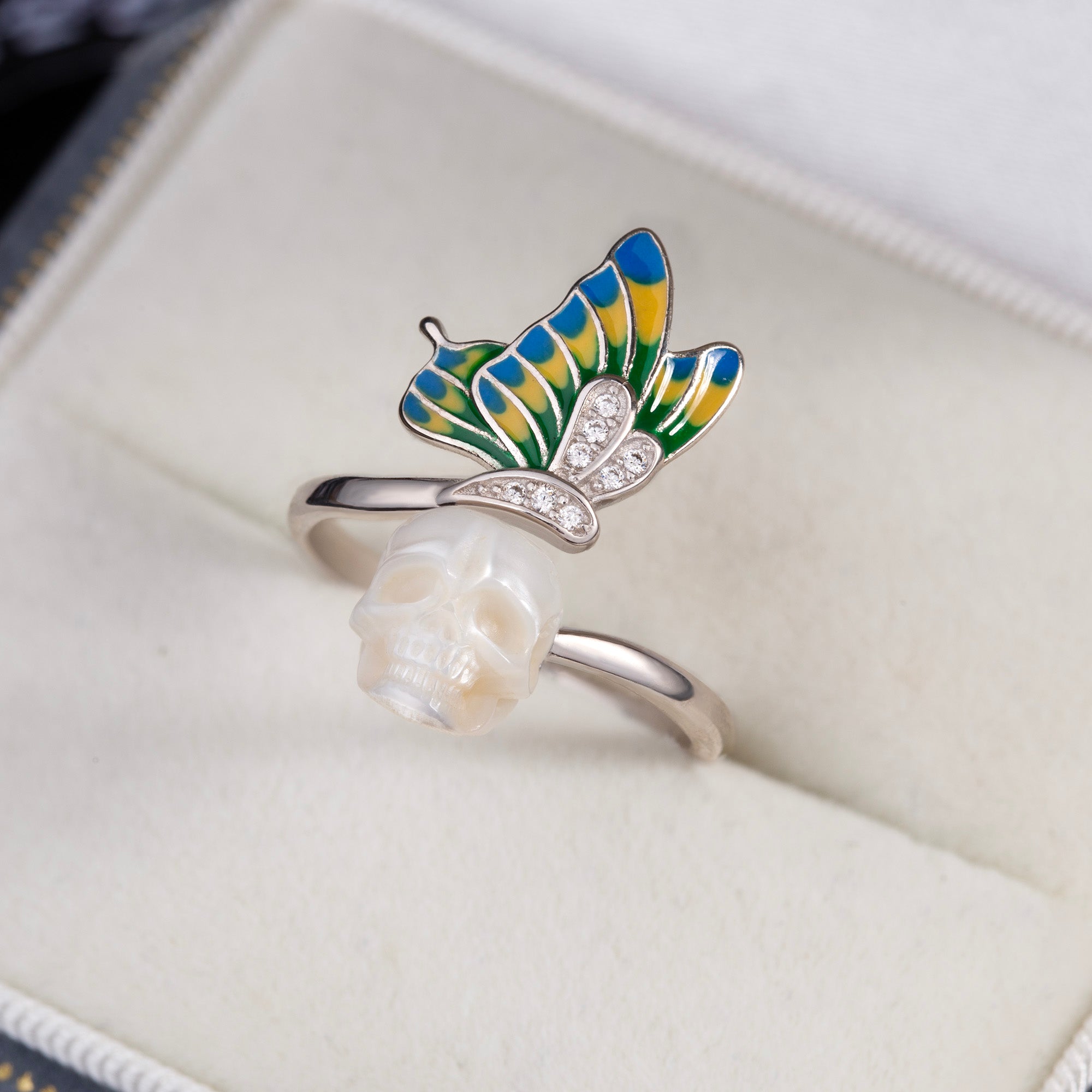 Enamel Colored Butterfly Wing Pearl Skull Ring