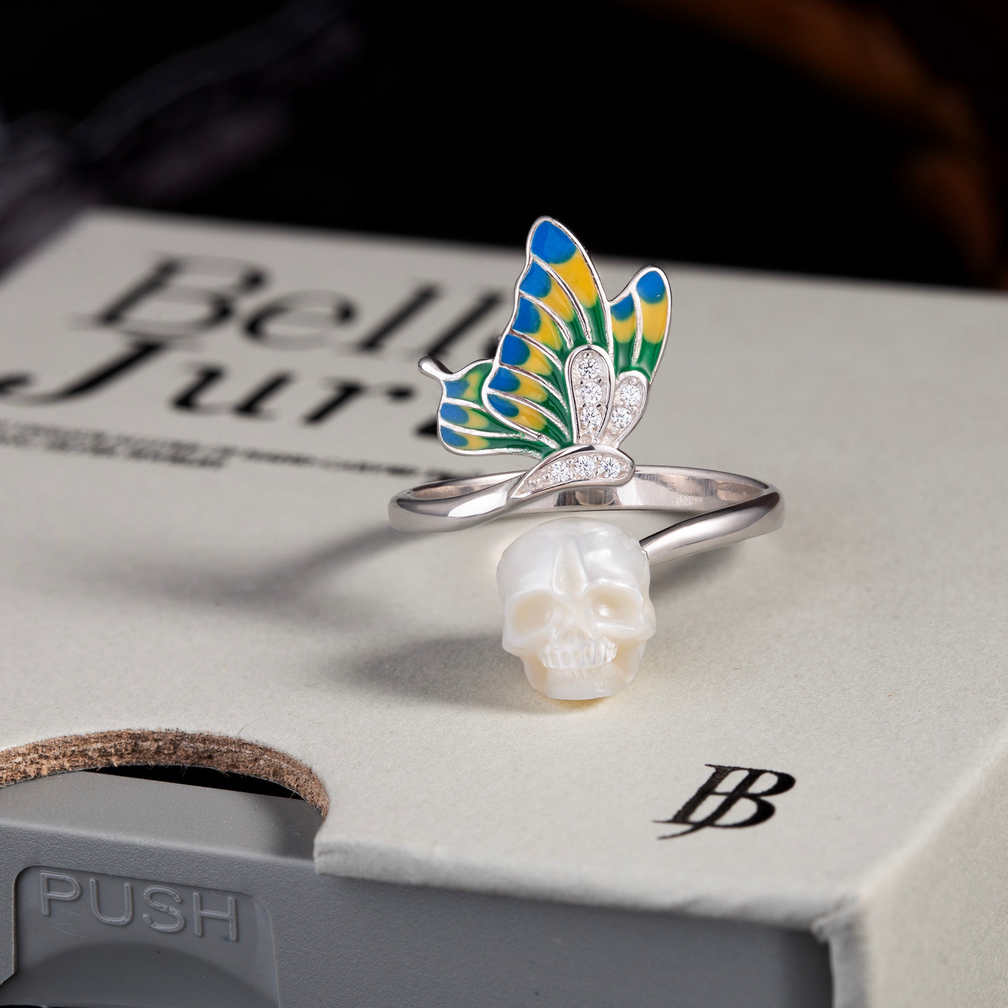 Enamel Colored Butterfly Wing Pearl Skull Ring