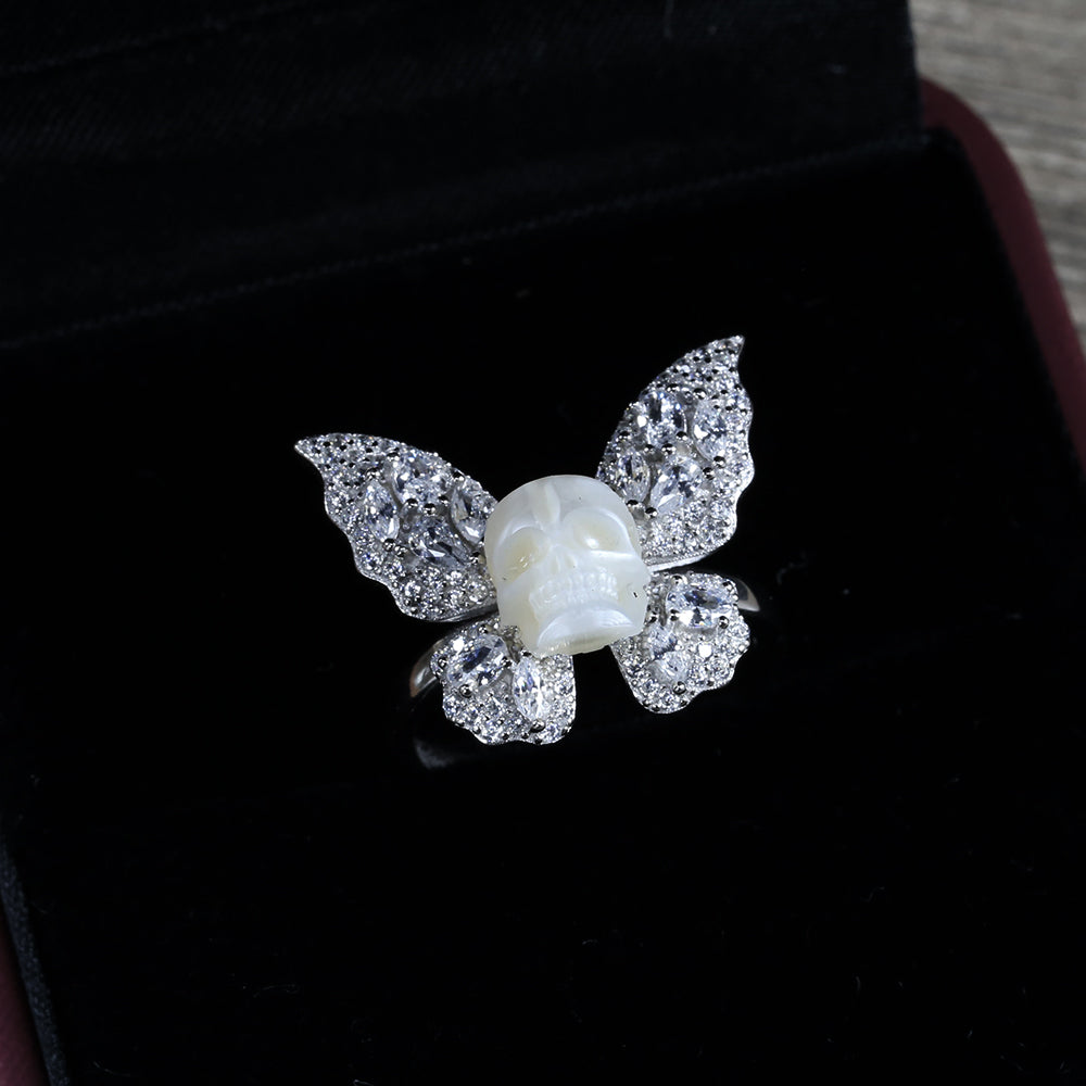 Exquisite CZ Butterfly Pearl Skull Ring